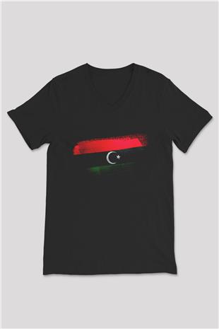 Libya Bayrağı Baskılı Unisex Siyah V Yaka Tişört