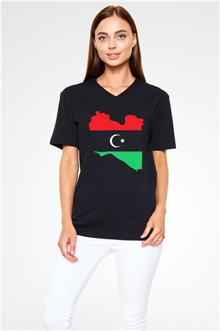 Libya Siyah Unisex V Yaka Tişört T-Shirt