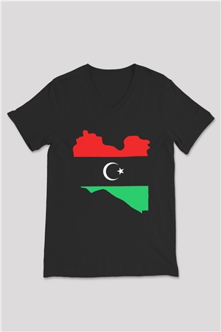 Libya Siyah Unisex V Yaka Tişört T-Shirt