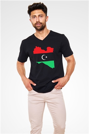Libya Siyah Unisex V Yaka Tişört T-Shirt