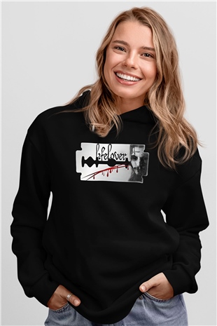 Lifelover Baskılı Unisex Siyah Kapüşonlu Sweatshirt