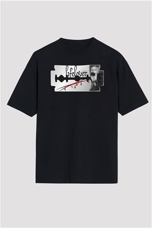 Lifelover Baskılı Unisex Siyah Oversize Tişört - Tshirt