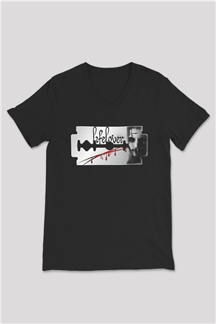 Lifelover Baskılı Unisex Siyah V Yaka Tişört - Tshirt