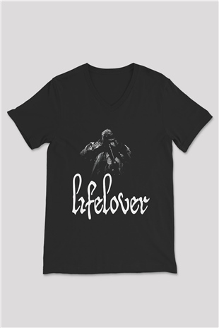 Lifelover Baskılı Unisex Siyah V Yaka Tişört - Tshirt