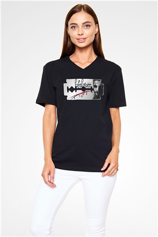 Lifelover Baskılı Unisex Siyah V Yaka Tişört - Tshirt