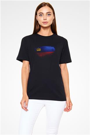 Lihtenştayn - Liechtenstein Bayrağı Baskılı Unisex Siyah Tişört