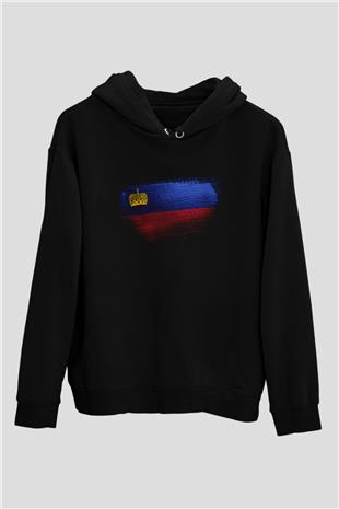 Lihtenştayn - Liechtenstein Bayrağı Baskılı Unisex Siyah Kapüşonlu Sweatshirt
