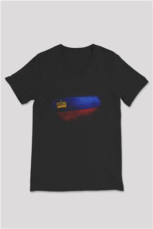 Lihtenştayn - Liechtenstein Bayrağı Baskılı Unisex Siyah V Yaka Tişört