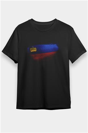 Lihtenştayn - Liechtenstein Bayrağı Baskılı Unisex Siyah Tişört