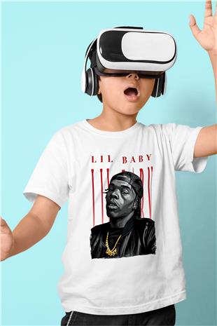 Lil Baby Baskılı Beyaz Unisex Beyaz Çocuk Tişört - Tshirt