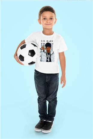 Lil Baby Baskılı Beyaz Unisex Beyaz Çocuk Tişört - Tshirt
