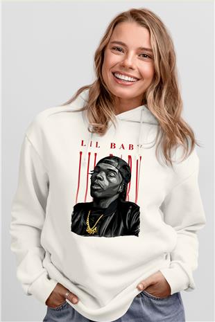 Lil Baby Baskılı Beyaz Unisex Kapüşonlu Sweatshirt
