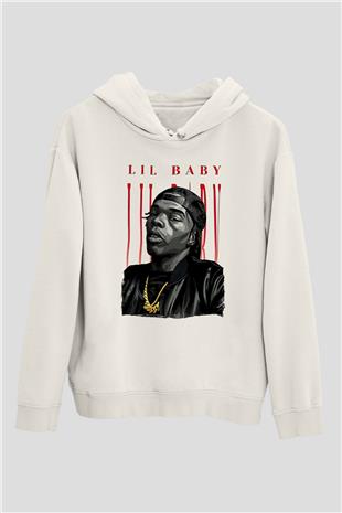 Lil Baby Baskılı Beyaz Unisex Kapüşonlu Sweatshirt