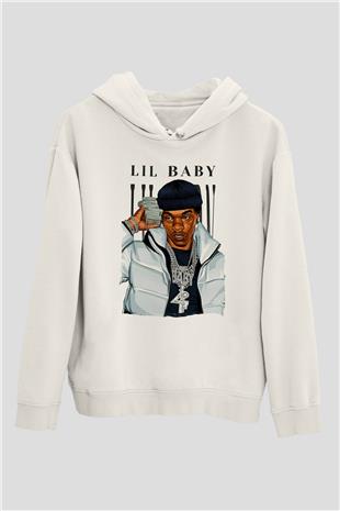 Lil Baby Baskılı Beyaz Unisex Kapüşonlu Sweatshirt