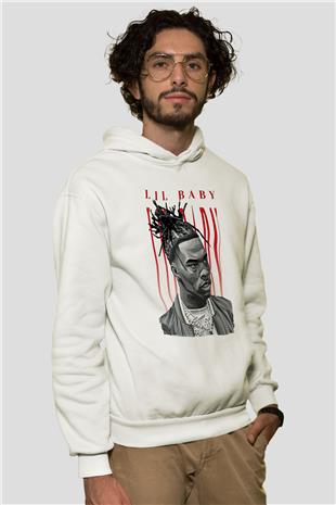 Lil Baby Baskılı Beyaz Unisex Kapüşonlu Sweatshirt