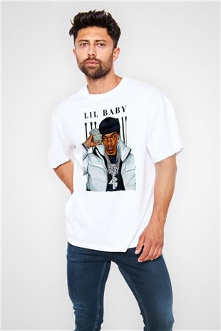 Lil Baby Baskılı Beyaz Unisex Oversize Tişört - Tshirt
