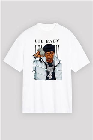 Lil Baby Baskılı Beyaz Unisex Oversize Tişört - Tshirt