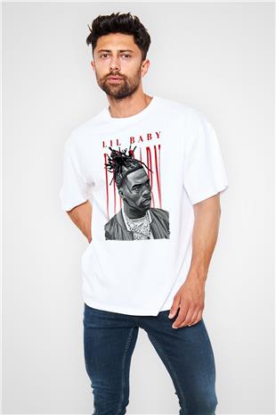 Lil Baby Baskılı Beyaz Unisex Oversize Tişört - Tshirt