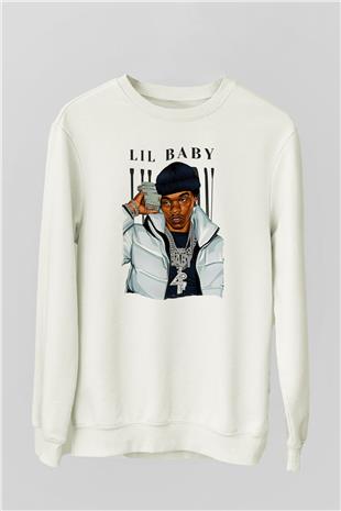 Lil Baby Baskılı Beyaz Unisex Sweatshirt