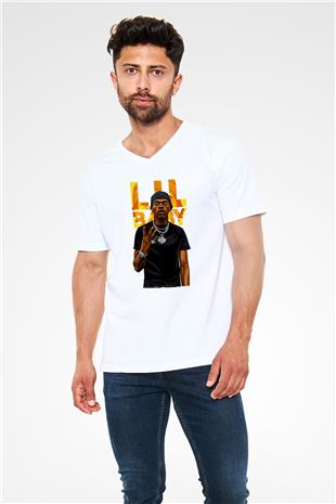 Lil Baby Baskılı Beyaz Unisex V Yaka Tişört - Tshirt