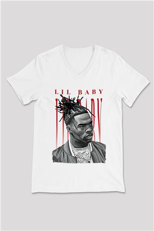 Lil Baby Baskılı Beyaz Unisex V Yaka Tişört - Tshirt