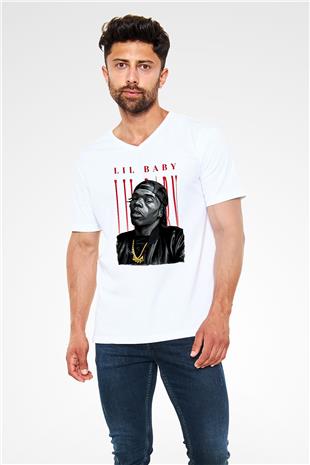 Lil Baby Baskılı Beyaz Unisex V Yaka Tişört - Tshirt