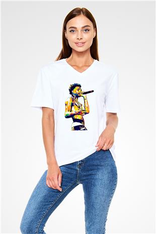 Lil Baby Baskılı Beyaz Unisex V Yaka Tişört - Tshirt