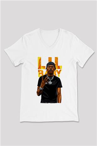 Lil Baby Baskılı Beyaz Unisex V Yaka Tişört - Tshirt