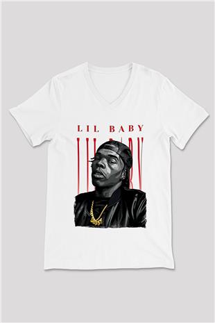 Lil Baby Baskılı Beyaz Unisex V Yaka Tişört - Tshirt