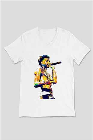 Lil Baby Baskılı Beyaz Unisex V Yaka Tişört - Tshirt