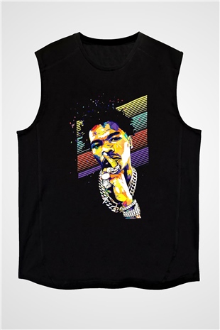 Lil Baby Baskılı Unisex Siyah Kolsuz Tişört - Tshirt