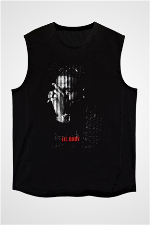 Lil Baby Baskılı Unisex Siyah Kolsuz Tişört - Tshirt