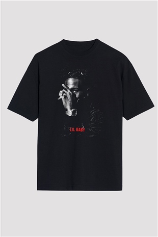 Lil Baby Baskılı Unisex Siyah Oversize Tişört - Tshirt