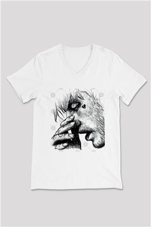 Lil Peep Baskılı Beyaz Unisex V Yaka Tişört - Tshirt