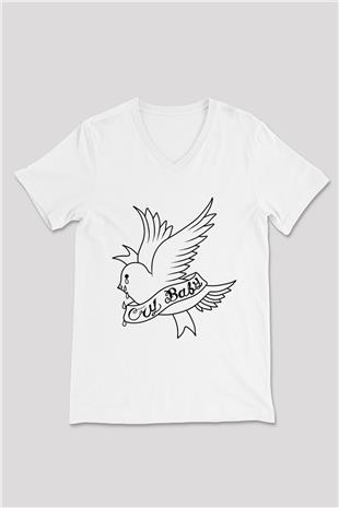 Lil Peep Baskılı Beyaz Unisex V Yaka Tişört - Tshirt