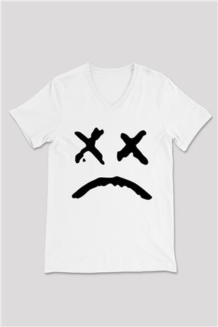 Lil Peep Baskılı Beyaz Unisex V Yaka Tişört - Tshirt