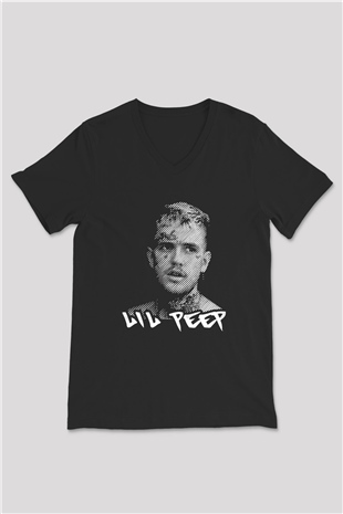 Lil Peep Baskılı Unisex Siyah V Yaka Tişört - Tshirt