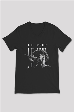 Lil Peep Baskılı Unisex Siyah V Yaka Tişört - Tshirt