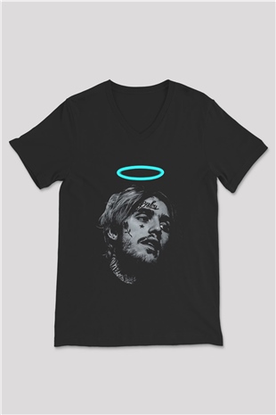 Lil Peep Baskılı Unisex Siyah V Yaka Tişört - Tshirt