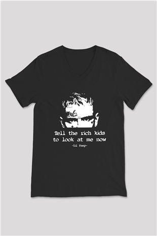 Lil Peep Baskılı Unisex Siyah V Yaka Tişört - Tshirt
