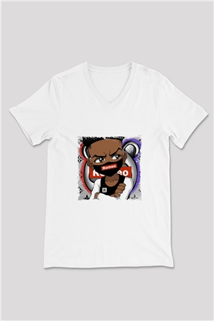 Lil Romeo Baskılı Beyaz V Yaka Unisex Tişört