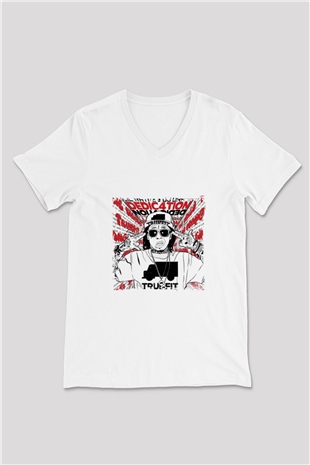 Lil Wayne Baskılı Beyaz V Yaka Unisex Tişört