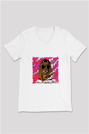 Lil Wayne Baskılı Beyaz V Yaka Unisex Tişört