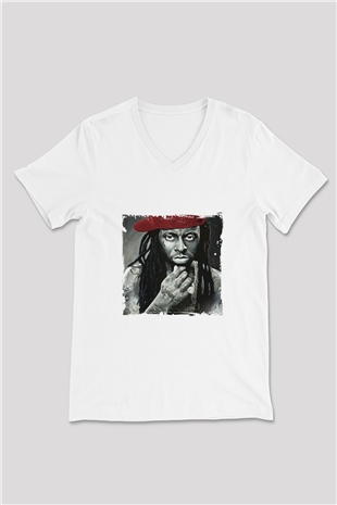 Lil Wayne Baskılı Beyaz V Yaka Unisex Tişört