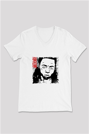 Lil Wayne Baskılı Beyaz V Yaka Unisex Tişört