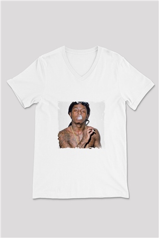 Lil Wayne Baskılı Beyaz V Yaka Unisex Tişört