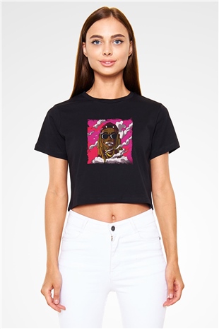 Lil Wayne Baskılı Crop Top Siyah Kadın Tişört