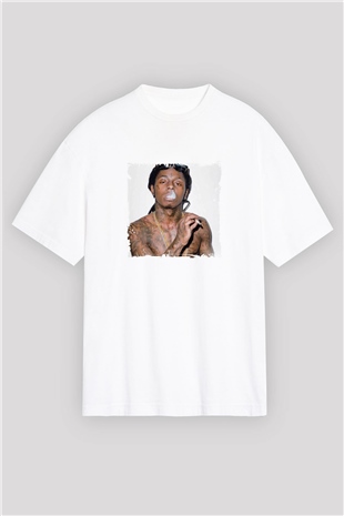 Lil Wayne Baskılı Oversize Beyaz Tişört