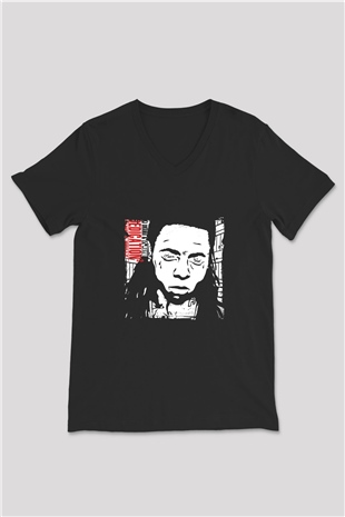 Lil Wayne Baskılı Unisex Siyah V Yaka Tişört