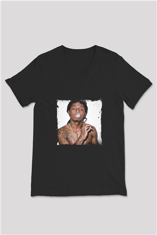Lil Wayne Baskılı Unisex Siyah V Yaka Tişört